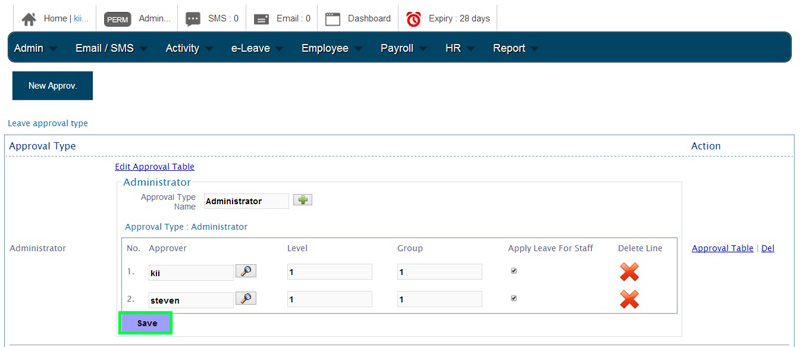 BMO e-Leave Save New Approver Setting