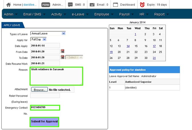 BMO e-Leave Employee Apply Full Day Leave