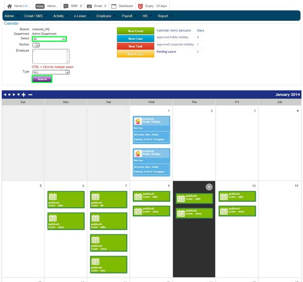 6.1.2 View All Events, Leave, Task in eLeave Calendar BMO Online HRM