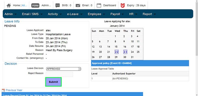 BMO e-Leave Submit Leave Decision